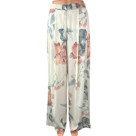 L'atiste White Multicolor Floral Wide Leg High Waist Trousers Coverup Pants S - Picture 1 of 6